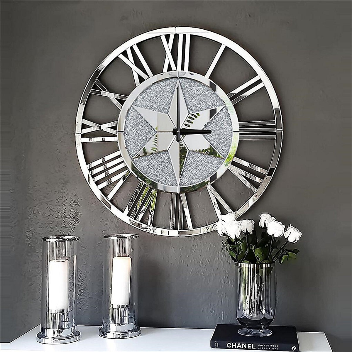 Artloge Crystal Mirror Wall Clock Silver RomanNumerals Home-Furniture Kingdom